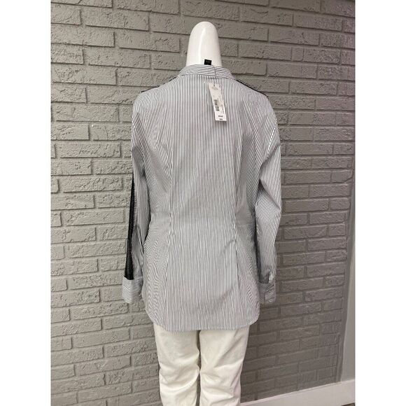 Worthington Women Black White Striped Long Sleeve Front Tie Shirt Size M - Picture 2 of 9